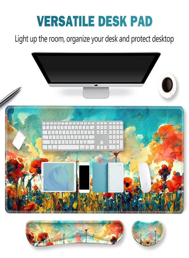 ARTSO Gaming Mouse Pad Wrist Support Set, XXL Large Desk Mat Mousepad + Keyboard Wrist Support+ Mouse Wrist Rest+Coaster 4in1 Ergonomic, Stitched Edge for Home Office -Oil Painting Flowers Plants - Image 2