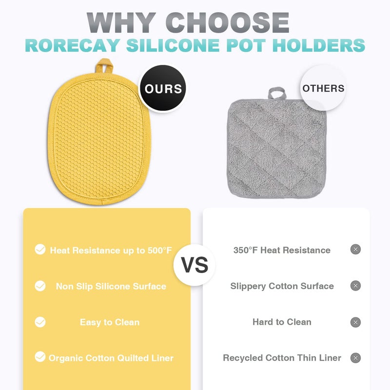 Rorecay Silicone Pot Holders Sets: Heat Resistant Oven Hot Pads with Pockets Non Slip Grip Large Potholders for Kitchen Baking Cooking | Quilted Liner | 9.8 x 7.6 Inches (Yellow  2) - Image 5