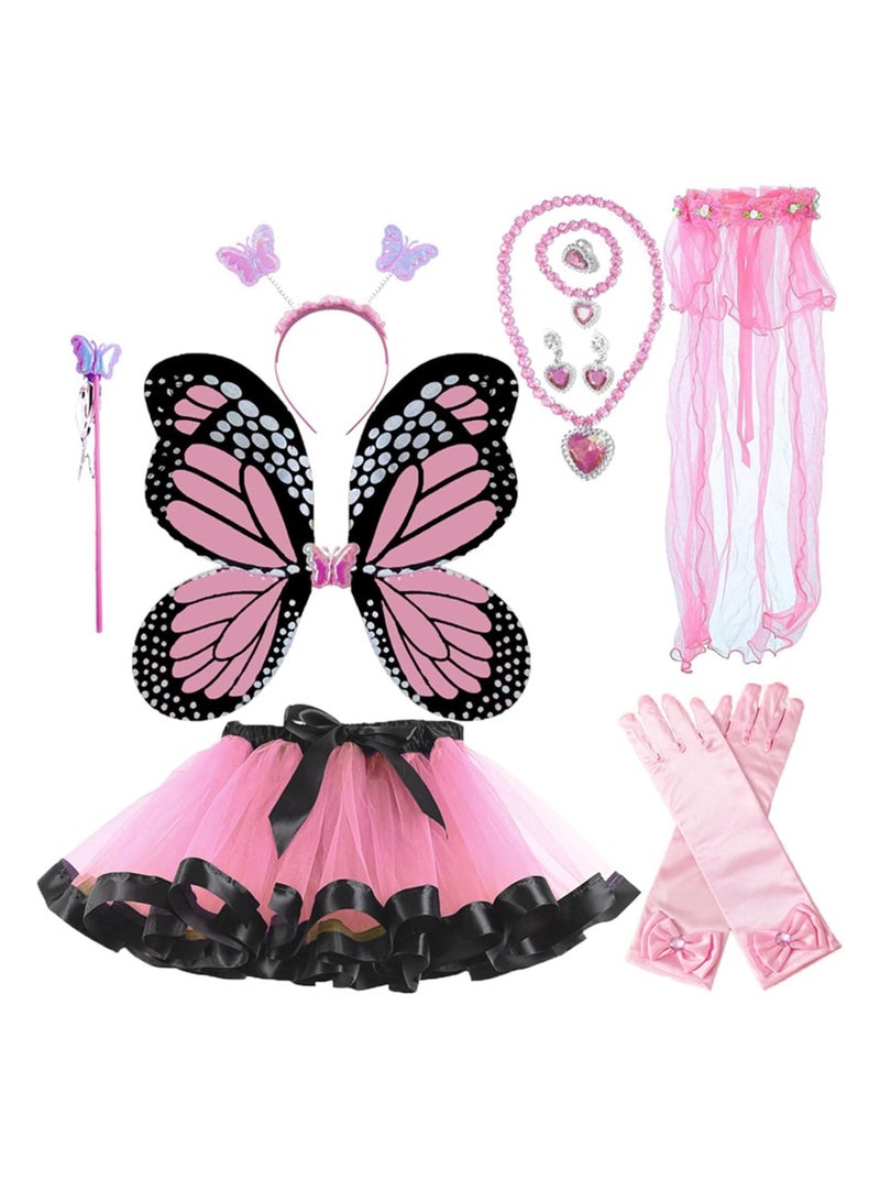 Zikra 10 Pcs Girls erfly Costume Set Fairy Princess Tutu Dress Wings Veil Wand Headband for Birthday Up Pink Black Spotted Style - Image 1