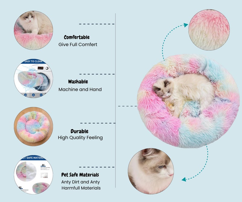 ZEXSAZONE Round Donut Pet Bed for Cats and Puppies Dogs Mat, Cozy and Plush Raised Bedside Support, Both Summer Sides Use like 2 in One, Washable, Sizes for Small, Medium & Large Pets.(Small, Rainbow) - Image 4