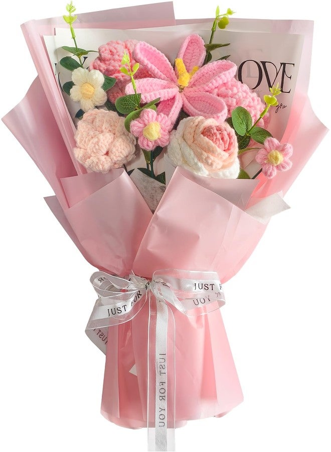 POPUPARTY Crochet Flowers Bouquet 8PCS, Handmade Knitted Artificial Crochet Flower Gifts - Tulips Roses Daisies Carnations, Preserved Flowers for Mother's Day Valentine's Day Birthday Home Decor- Pink - Image 1