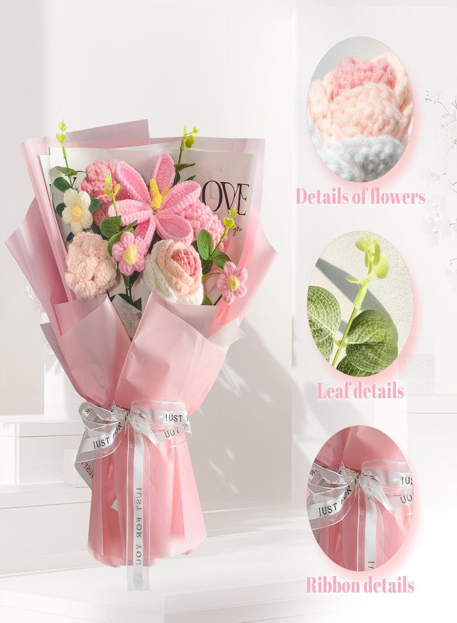 POPUPARTY Crochet Flowers Bouquet 8PCS, Handmade Knitted Artificial Crochet Flower Gifts - Tulips Roses Daisies Carnations, Preserved Flowers for Mother's Day Valentine's Day Birthday Home Decor- Pink - Image 3