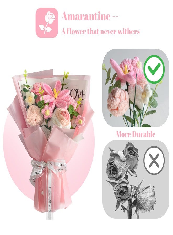 POPUPARTY Crochet Flowers Bouquet 8PCS, Handmade Knitted Artificial Crochet Flower Gifts - Tulips Roses Daisies Carnations, Preserved Flowers for Mother's Day Valentine's Day Birthday Home Decor- Pink - Image 4