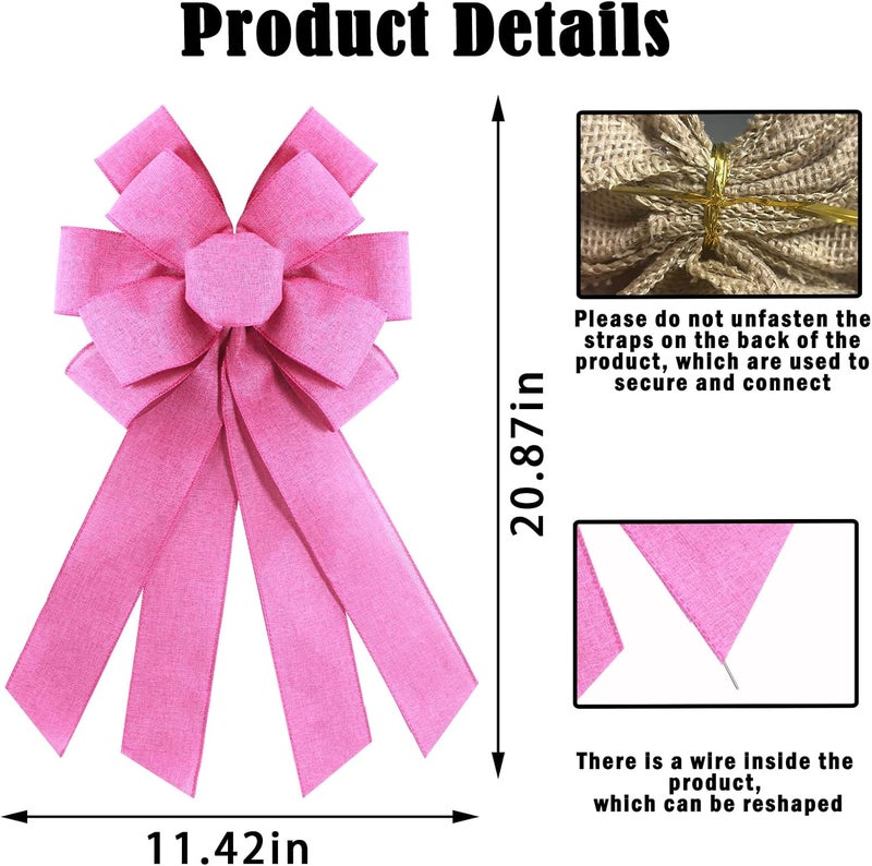 chmacura Rose Pink Burlap Wreath Bow 20 x 11 Inches Easter Bows Pink Mesh Ribbon Bow Carnival Farmhouse Bow Tree Ornament for Home Front Door Decorations - Image 2