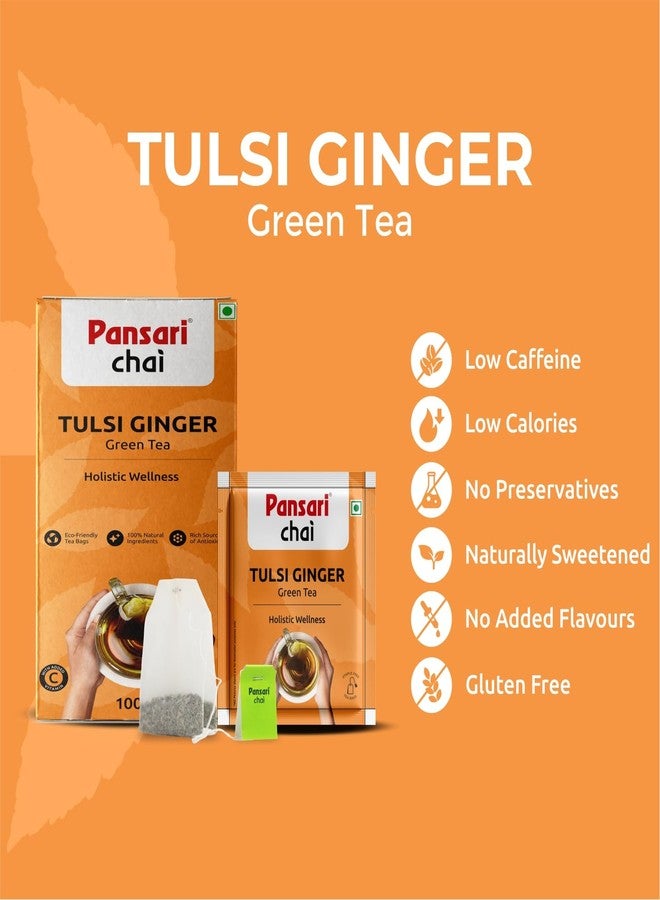Pansari Tulsi Ginger Green Tea | Eco-Friendly Tea Bags | 100% Natural | Low Caffeine | Detox & Immunity Boosting | 100 Tea Bags - Image 2