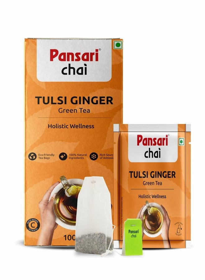 Pansari Tulsi Ginger Green Tea | Eco-Friendly Tea Bags | 100% Natural | Low Caffeine | Detox & Immunity Boosting | 100 Tea Bags - Image 1