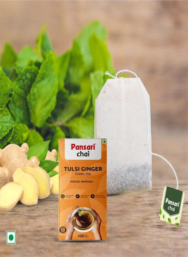 Pansari Tulsi Ginger Green Tea | Eco-Friendly Tea Bags | 100% Natural | Low Caffeine | Detox & Immunity Boosting | 100 Tea Bags - Image 3