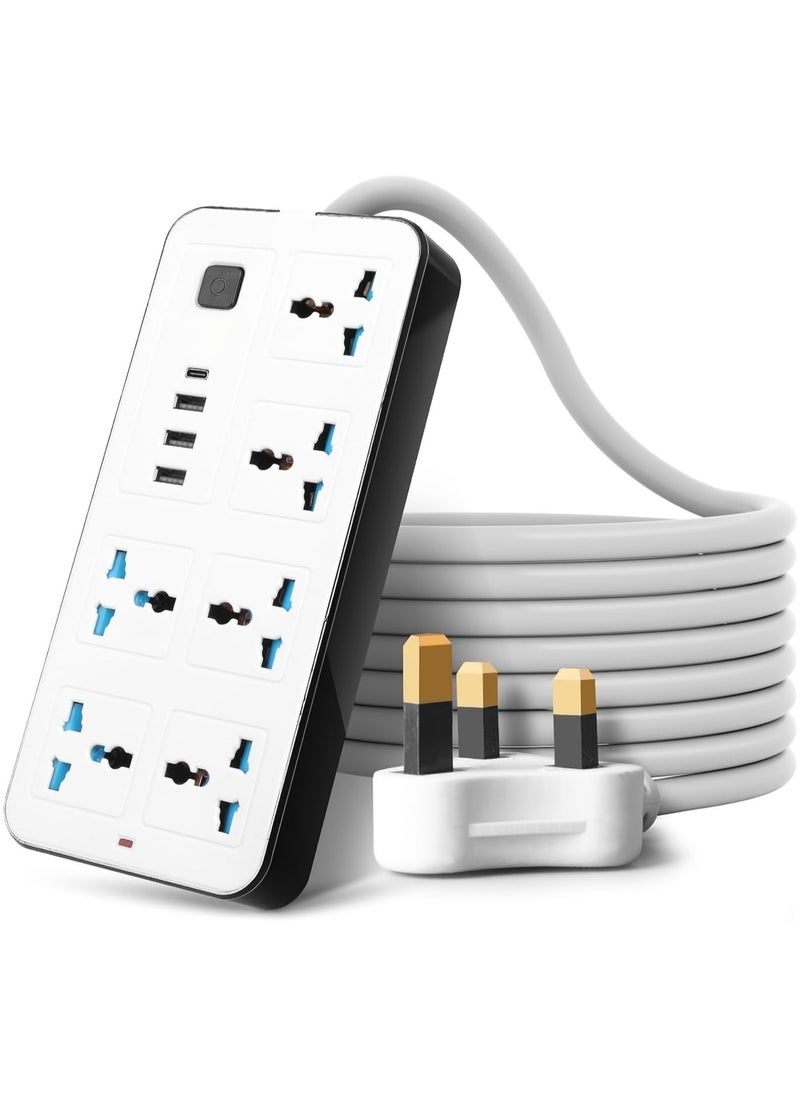 Sprinters Sprinters - Universal Extension Socket | 2 Meter Wire | 6 AC Outlets | 3 USB Ports | 1 USB-C Port | UK Plug 3 Pin Socket Outlet | Surge Protector Power Strip for Home, Office, and Electronics  - Image 1
