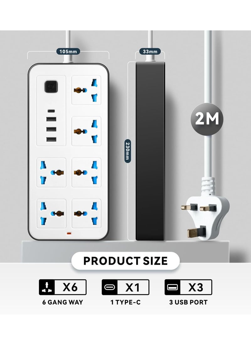 Sprinters Sprinters - Universal Extension Socket | 2 Meter Wire | 6 AC Outlets | 3 USB Ports | 1 USB-C Port | UK Plug 3 Pin Socket Outlet | Surge Protector Power Strip for Home, Office, and Electronics  - Image 2