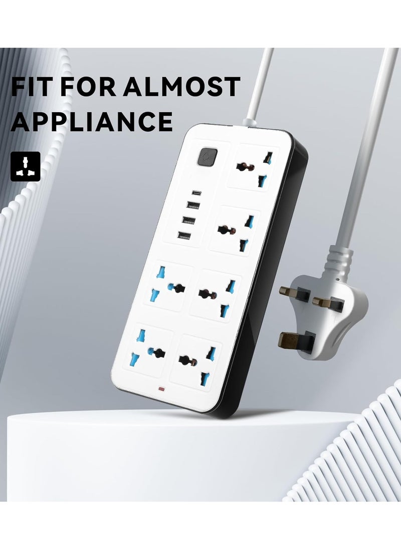 Sprinters Sprinters - Universal Extension Socket | 2 Meter Wire | 6 AC Outlets | 3 USB Ports | 1 USB-C Port | UK Plug 3 Pin Socket Outlet | Surge Protector Power Strip for Home, Office, and Electronics  - Image 3