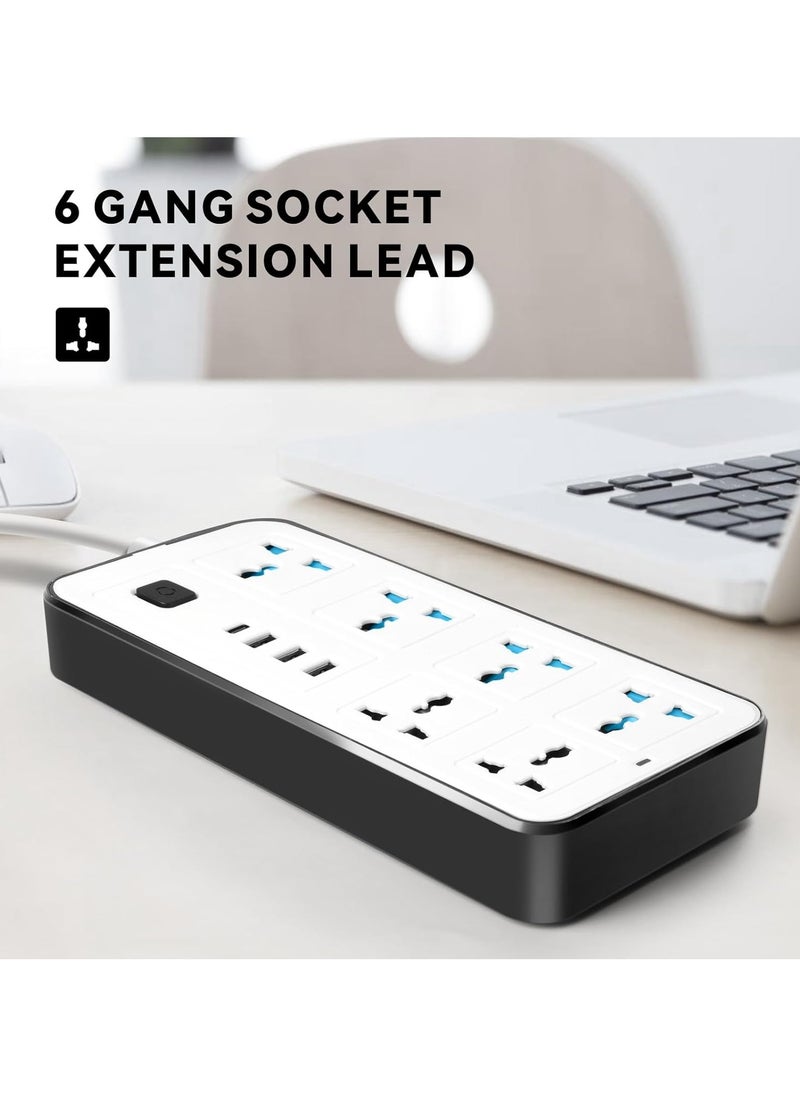 Sprinters Sprinters - Universal Extension Socket | 2 Meter Wire | 6 AC Outlets | 3 USB Ports | 1 USB-C Port | UK Plug 3 Pin Socket Outlet | Surge Protector Power Strip for Home, Office, and Electronics  - Image 4