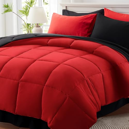 Anluoer Queen Comforter Set 7 Piece Reversible Bed in a Bag Queen Size Lightweight Bedding Set with 1 Comforter 2 Pillow Shams 2 Pillowcases 1 Flat Sheet 1 Fitted Sheet Red  Black