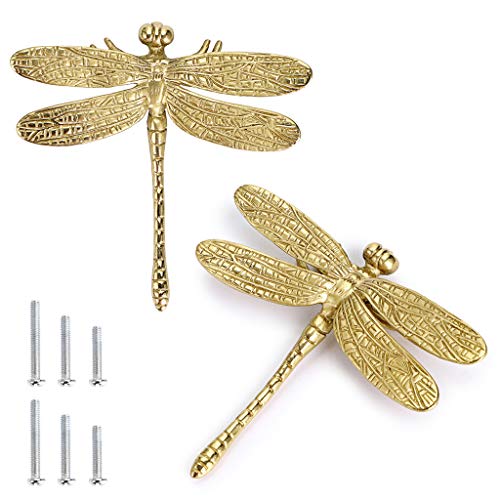 JUXYES Pack of 2 Brass Dragonfly Cabinet Knobs, Golden Tone Cupboard Door Knobs Decorative Dresser Drawer Handle Knobs for Dresser Drawer Cabinet Closet - Image 1