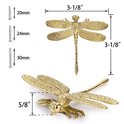 JUXYES Pack of 2 Brass Dragonfly Cabinet Knobs, Golden Tone Cupboard Door Knobs Decorative Dresser Drawer Handle Knobs for Dresser Drawer Cabinet Closet - Image 2