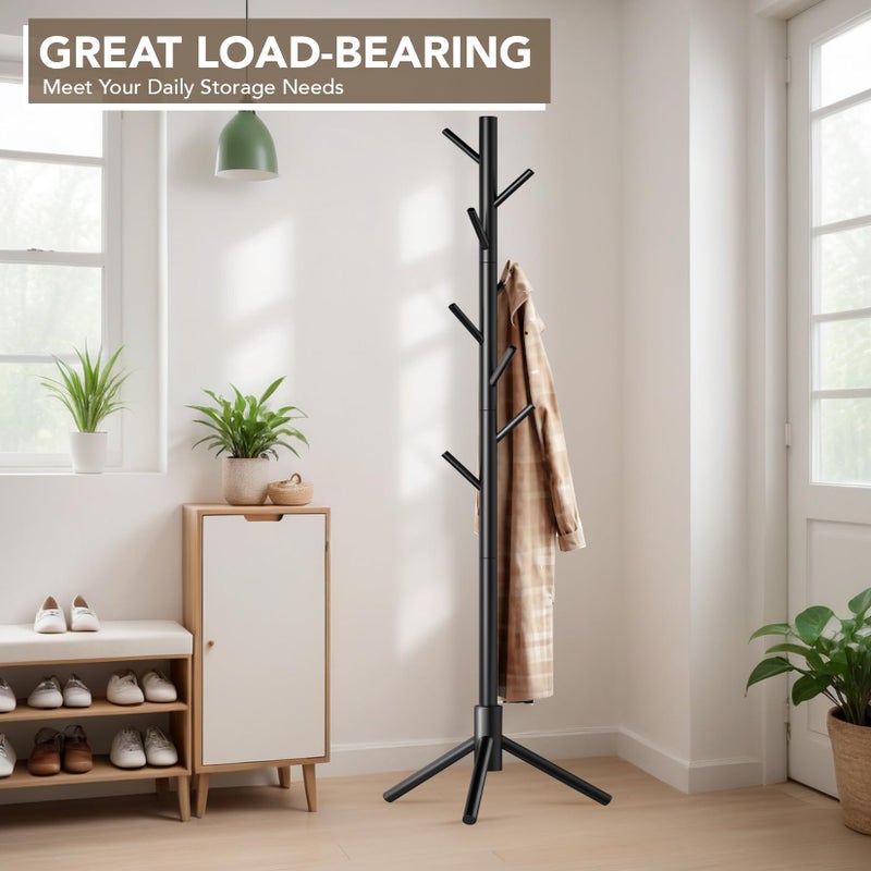 Hupmad Wooden Tree Coat Rack Stand,Sturdy Freestanding Coat Rack with 8 Hooks,3 Adjustable Height for Child Adult,Wood Coat Stand Tree Fits Entryway Bedroom Office for Bags,Hats - Image 2