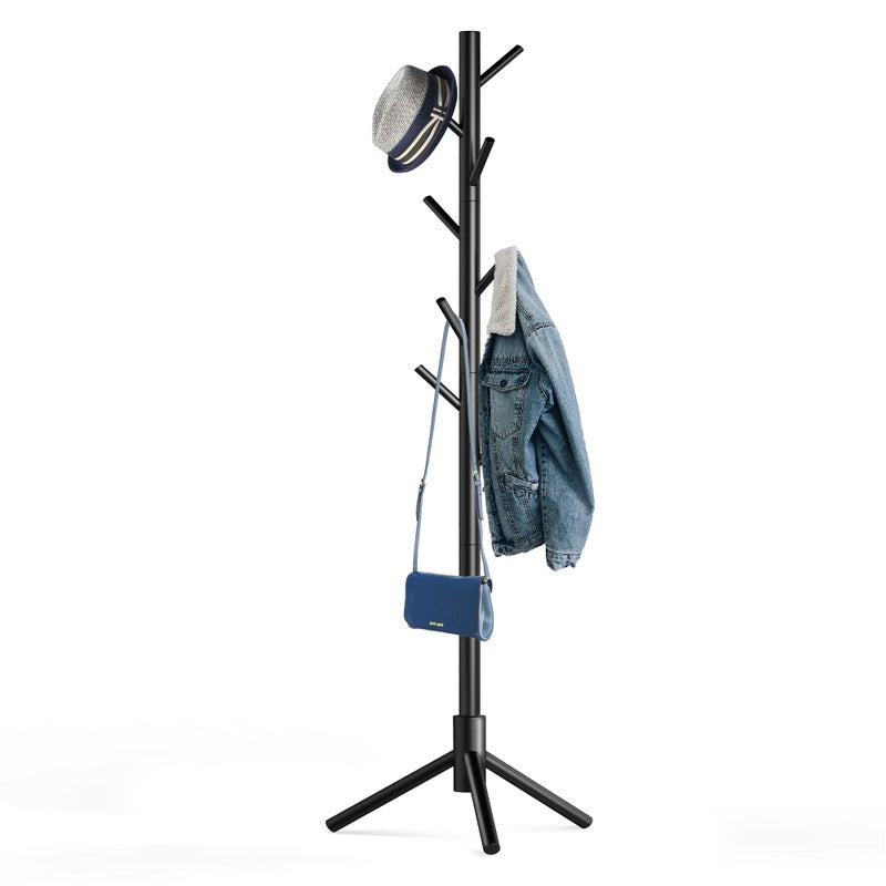 Hupmad Wooden Tree Coat Rack Stand,Sturdy Freestanding Coat Rack with 8 Hooks,3 Adjustable Height for Child Adult,Wood Coat Stand Tree Fits Entryway Bedroom Office for Bags,Hats - Image 1