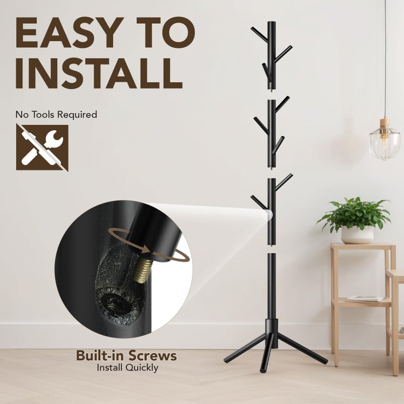 Hupmad Wooden Tree Coat Rack Stand,Sturdy Freestanding Coat Rack with 8 Hooks,3 Adjustable Height for Child Adult,Wood Coat Stand Tree Fits Entryway Bedroom Office for Bags,Hats - Image 4