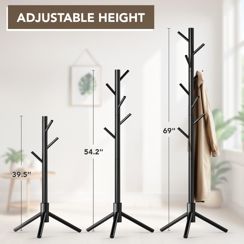 Hupmad Wooden Tree Coat Rack Stand,Sturdy Freestanding Coat Rack with 8 Hooks,3 Adjustable Height for Child Adult,Wood Coat Stand Tree Fits Entryway Bedroom Office for Bags,Hats - Image 3