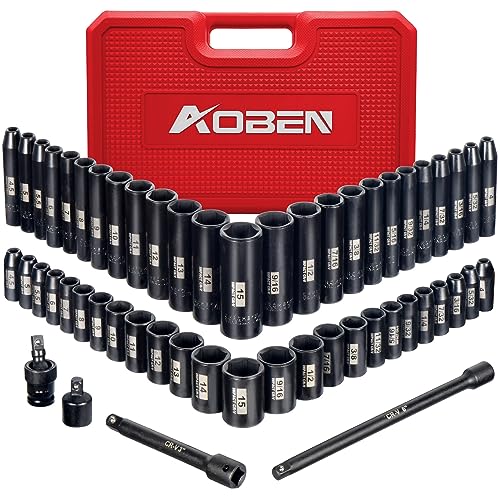 مجموعة مفاتيح تأثير AOBEN مقاس 14 بوصة 54 قطعة 6 نقاط SAEMetric 532 916 4 مم 15 مم عميق وضحل من فولاذ CrV تشمل قضبان تمديد ومحولات مفاتيح