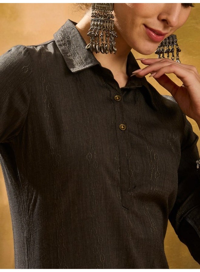 AKS Black Self Design Pathani Kurta  - Image 2
