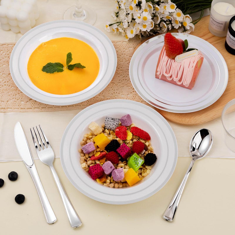 BestStar 100 Pack Disposable Soup Bowls with Silver Rim  12oz Premium Heavy Duty Plastic Dinner Bowls for Party  Wedding and Holiday - Image 2