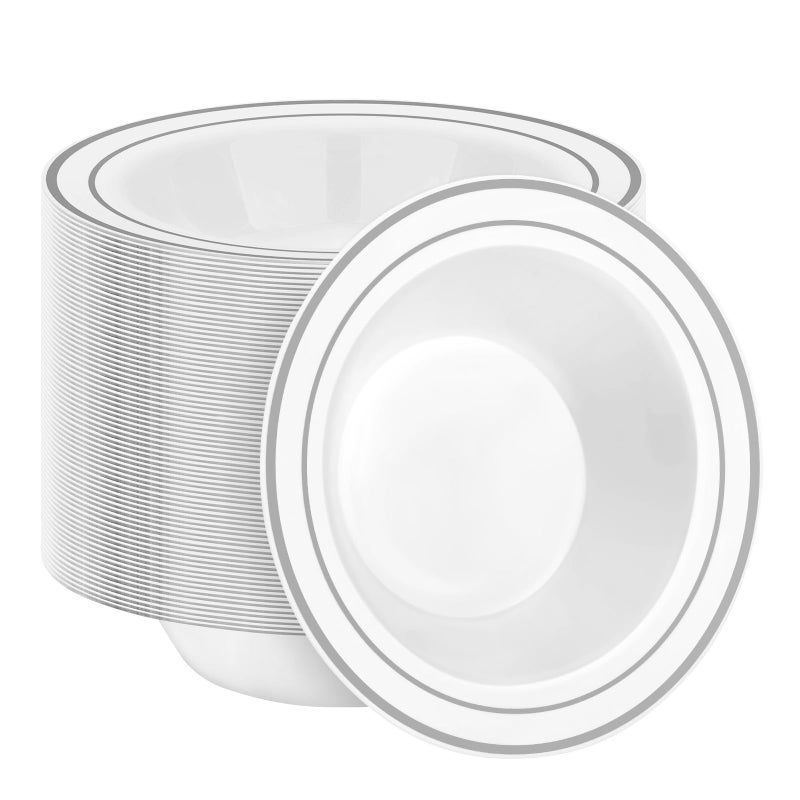 BestStar 100 Pack Disposable Soup Bowls with Silver Rim  12oz Premium Heavy Duty Plastic Dinner Bowls for Party  Wedding and Holiday - Image 1