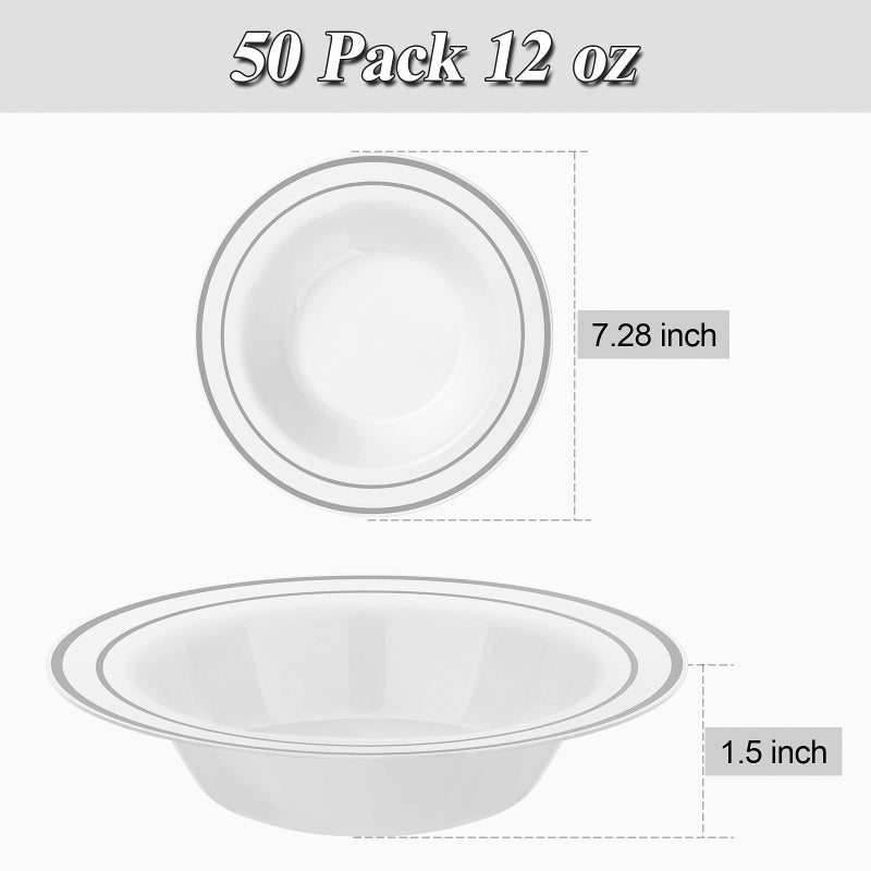 BestStar 100 Pack Disposable Soup Bowls with Silver Rim  12oz Premium Heavy Duty Plastic Dinner Bowls for Party  Wedding and Holiday - Image 4