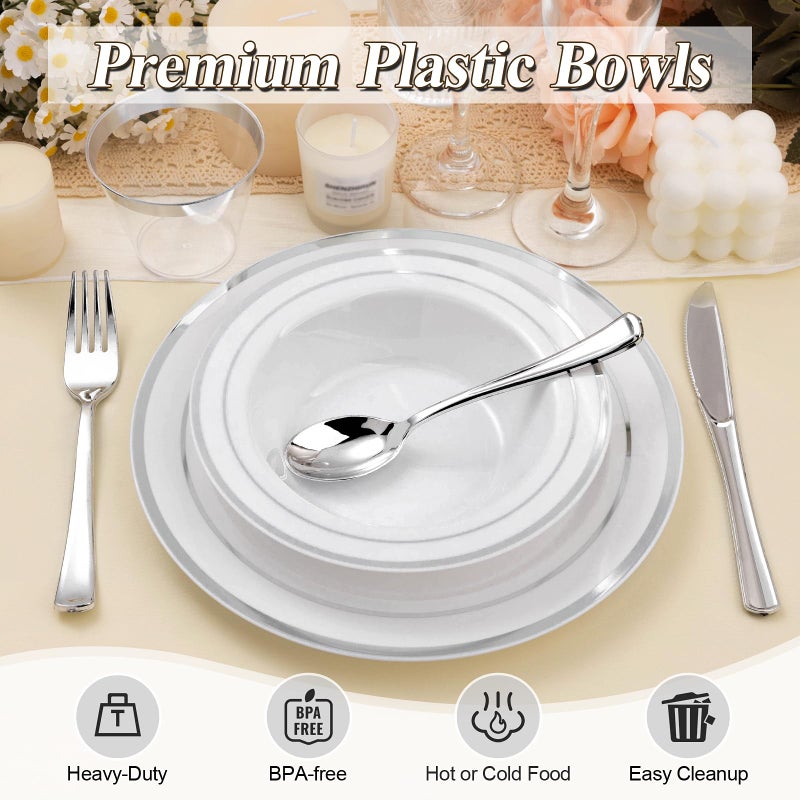 BestStar 100 Pack Disposable Soup Bowls with Silver Rim  12oz Premium Heavy Duty Plastic Dinner Bowls for Party  Wedding and Holiday - Image 3