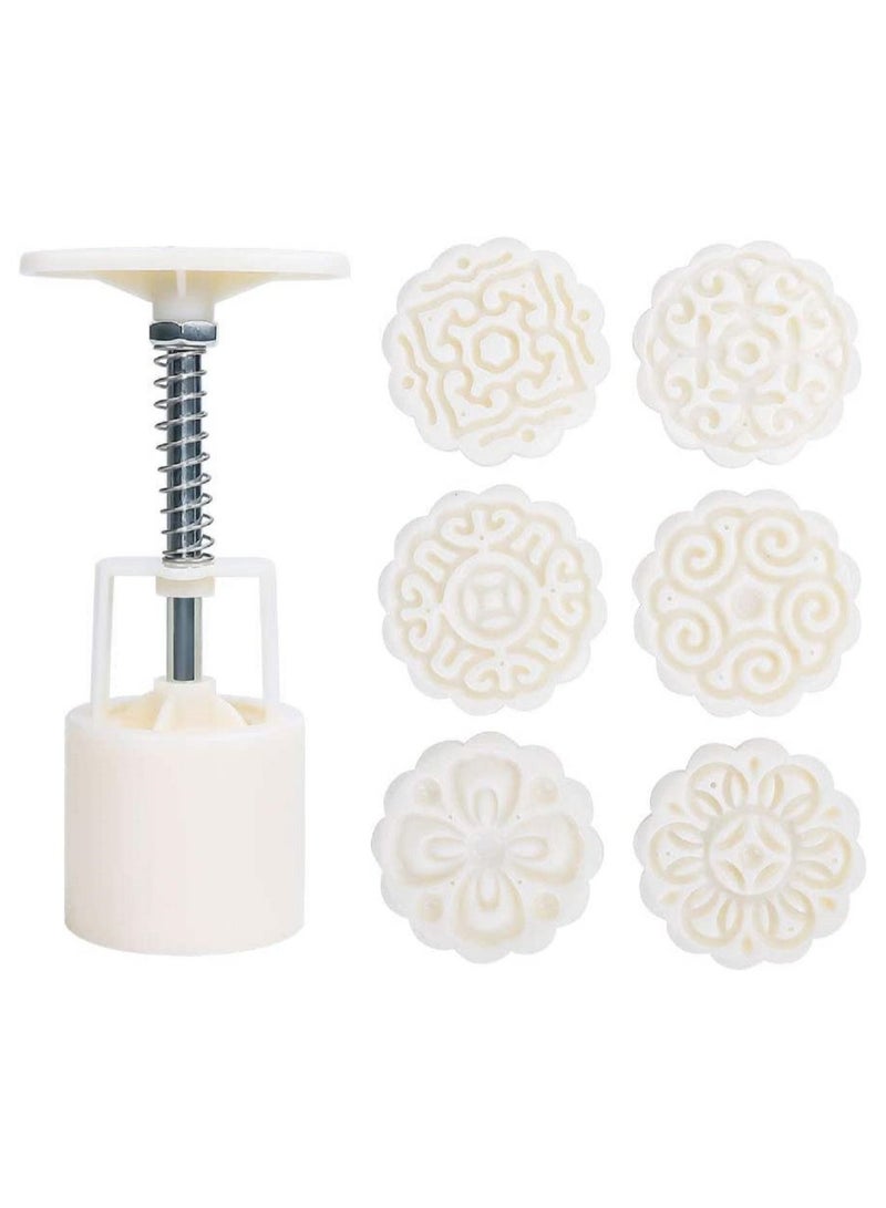 AMM Cookie Stamp 50g Mooncake Mold with 6 Stamps Flowers Design Cookie Stamp Moon Cake Mold Stamps Mid Autumn Festival Cookies Cutters DIY Decoration Mooncake Press Molds White - Image 1