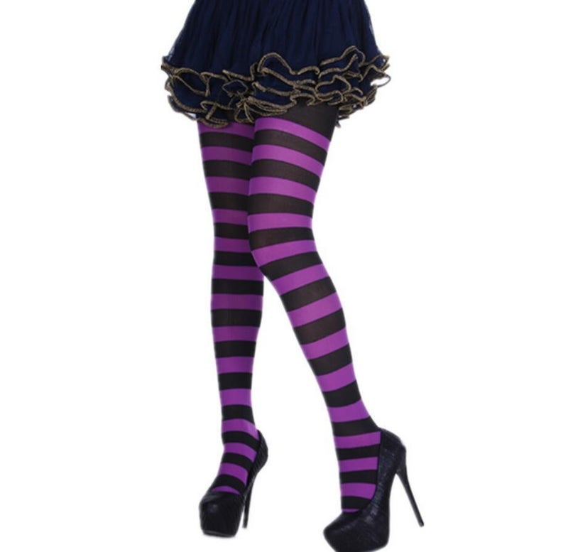 Halloween Day Cosplay Color Stitching Striped Thigh Socks Christmas Siaman Pantyhose Stockings Wholesale Purple black striped pantyhose 