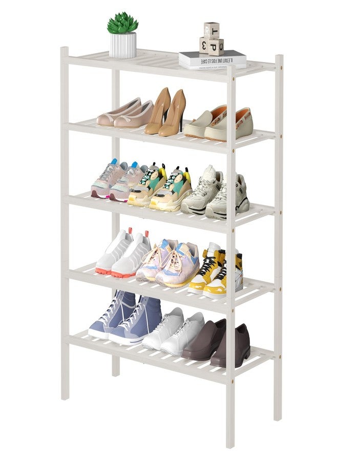 ROMGUAR CRAFT 5 Tier Bamboo Shoe Rack for Closet Free Standing Wood Shoe Shelf for Entryway Small Space Stackable 27"x11"x33" (White) - Image 1