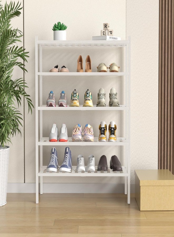 ROMGUAR CRAFT 5 Tier Bamboo Shoe Rack for Closet Free Standing Wood Shoe Shelf for Entryway Small Space Stackable 27"x11"x33" (White) - Image 2