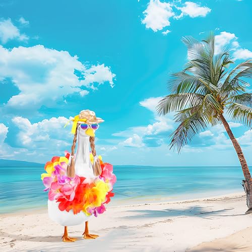 DECOHS 4 Pcs/Set Hawaiian Porch Goose Outfits, Summer Lawn Goose Statue Clothes Costume, 23"/ 17" Patio Goose Decor Hawaiian Wreath Straw Hat with Glasses Wig for Luau Party Outdoor Garden Yard Decor - Image 4