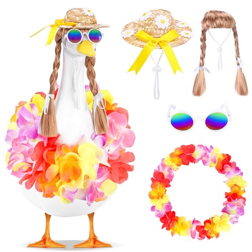 DECOHS 4 Pcs/Set Hawaiian Porch Goose Outfits, Summer Lawn Goose Statue Clothes Costume, 23"/ 17" Patio Goose Decor Hawaiian Wreath Straw Hat with Glasses Wig for Luau Party Outdoor Garden Yard Decor - Image 1