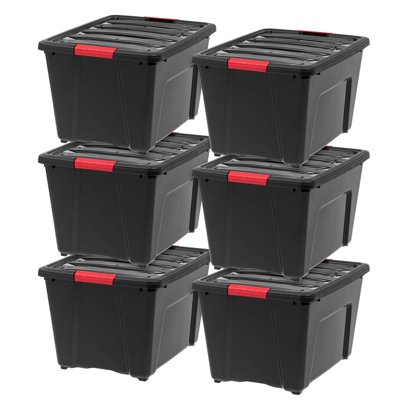 IRIS USA 54 Qt Stackable Plastic Storage Bins with Lids 6 Pack  BPAFree Made in USA  Garage Organizing Solution Latches Durable Nestable Containers Secure Pull Handle  Black