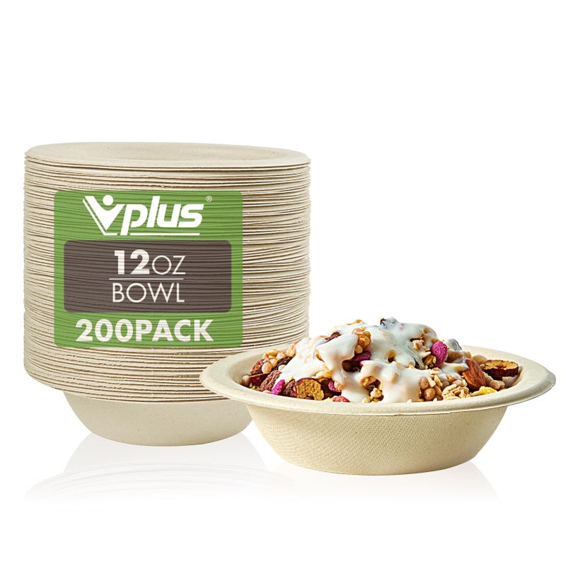 Vplus 200 Pack 12 OZ Paper Bowls Disposable Compostable Bulk Ecofriendly Bagasse Heavyduty Bowls Perfect for Milk Cereals Snacks Salads