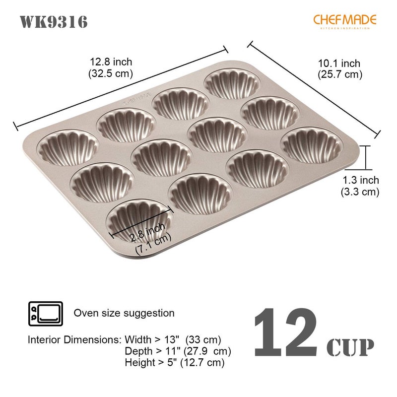 CHEFMADE Madeleine Mold Cake Pan, 12-Cavity Non-Stick Spherical Shell Madeline Bakeware for Oven Baking (Champagne Gold) - Image 2