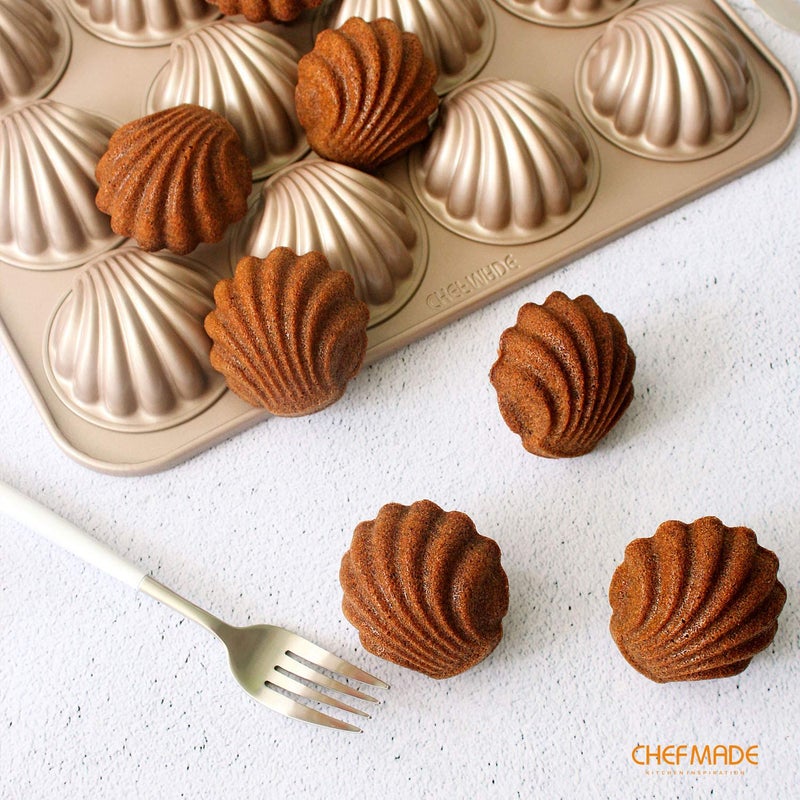 CHEFMADE Madeleine Mold Cake Pan, 12-Cavity Non-Stick Spherical Shell Madeline Bakeware for Oven Baking (Champagne Gold) - Image 4