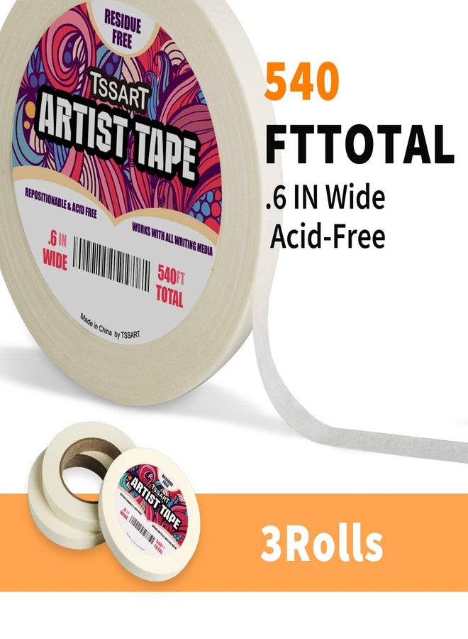TSSART 3 Pack White Artist Tape - Masking Artists Tape for Drafting Art Watercolor Painting Canvas Framing - Acid Free 0.6inch Wide 540FT Long Total - Image 2