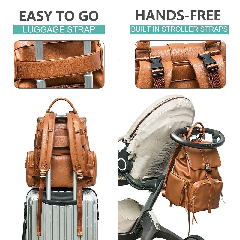 MOMINSIDE حقيبة ظهر مومينسايد لحفاضات الأطفال مع 14 جيب، حقيبة جلدية للأطفال، حقائب حفاضات للأطفال، 4 جيوب معزولة، وسادة تغيير، أحزمة عربة الأطفال (بني) - Image 5