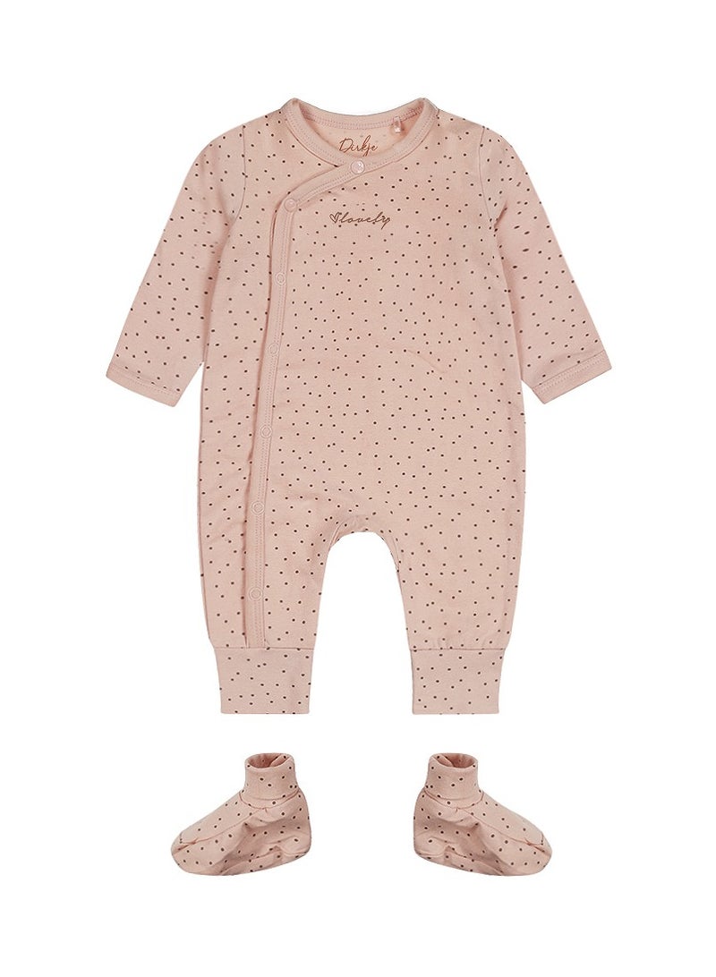 Dirkje Dirkje Girls Baby Organic Playsuit Slippers Soft Pink Dots - Image 1