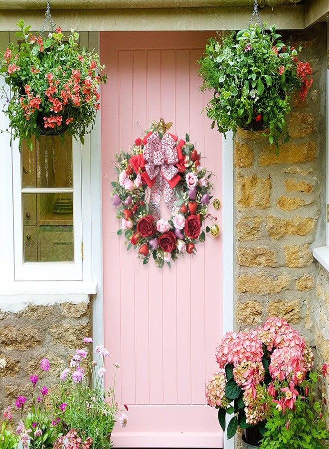 Egolot 24 Inch Valentine’s Day Wreath for Front Door with Glitter Heart and Red Pink Roses, Valentine Wreaths with Heart Ribbon Bow for Indoor Outdoor, Window, Walls - Image 4