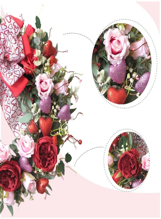 Egolot 24 Inch Valentine’s Day Wreath for Front Door with Glitter Heart and Red Pink Roses, Valentine Wreaths with Heart Ribbon Bow for Indoor Outdoor, Window, Walls - Image 2