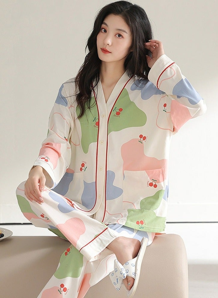 Loquat Women's Printed 2-Piece Set Loose Nightgown Sleepwear Long Sleeve V-Neck Top And Pants Soft Loungewear Wear Pajamas Suit  - Image 1