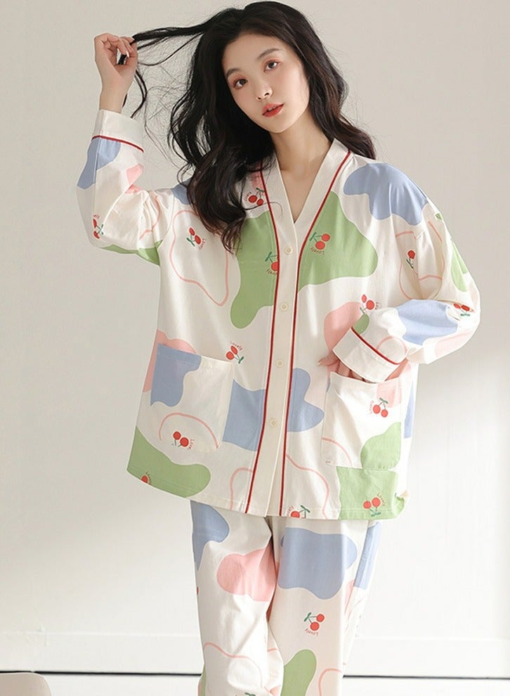 Loquat Women's Printed 2-Piece Set Loose Nightgown Sleepwear Long Sleeve V-Neck Top And Pants Soft Loungewear Wear Pajamas Suit  - Image 2