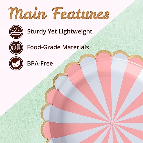 Confettiville Party Paper Plates, 50-Pack, Disposable Paper Plates, Gold Foil Scalloped Edge, Striped Pastel, 6 Colors, 9-Inch - Image 5