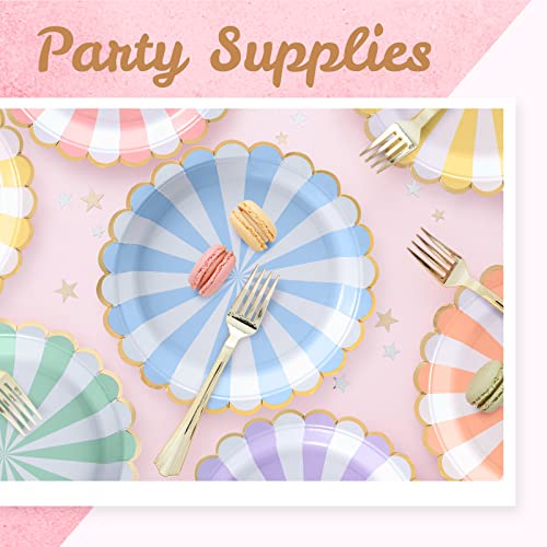 Confettiville Party Paper Plates, 50-Pack, Disposable Paper Plates, Gold Foil Scalloped Edge, Striped Pastel, 6 Colors, 9-Inch - Image 3