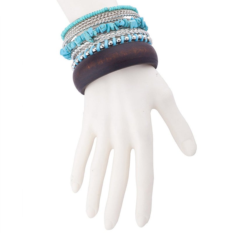 LUX ACCESSORIES Burnished Silver Tone Boho Wooden Faux Turq Bangle Bracelet Set - Image 2