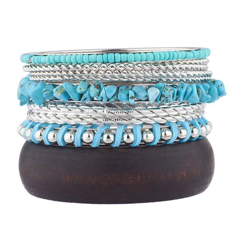 LUX ACCESSORIES Burnished Silver Tone Boho Wooden Faux Turq Bangle Bracelet Set - Image 1