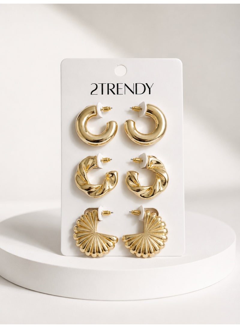 3-Pair Gold-Tone Hoop Earrings Set for Women